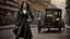 Placeholder: full-height portrait of a pale-faced steampunk woman with straight dark shoulder-length hair, with metal arms and legs, dressed in leather trousers, and a jacket, in a busy Victorian street next to a steam car