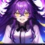 Placeholder: Clear focus, 8k, beautiful lighting, vibrant colors, girl, purple long hair, vibrant golden eyes, messy hair, hair in between the eyes, angry, laughing,