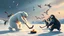 Placeholder: ice bear hitting the hockey puck hard so penguins are flying in all directions, goal