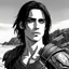 Placeholder: A portrait of Jared Leto in his early 30s, long beachy haircut, black hair, on a rocky island, in ebony armor from Skyrim, melancholic and dangerous facial expression, half-smiling, drawn in the style of ink manga sketch, black and white, sketchy