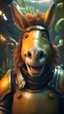 Placeholder: close up, magazine cover, smiling with front teeth, metallic yellow orange donkey turtle chivalry knight with friendly cute face and hair locks in dark lit reflective wet jungle metallic hall dome hotel tunnel, in the style of fallout 4 game,bokeh like f/0.8, tilt-shift lens 8k, high detail, smooth render, down-light, unreal engine, prize winning