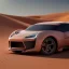 Placeholder: 3d rendering. futuristic car. Buried in desert sand. Lost in Time