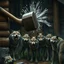 Placeholder: one large hammer breaks the wall of the wooden house. A group of anthropomorphic wolves react in surprise in the background other anthropomorphic wolves watch the scene unfold with expressions of shock and with surprise faces. high realistic, detailed,dark fantasy mood, rain, cinematic