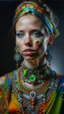 Placeholder: Hyperrealistic portrait of a beautiful woman wearing intricately detailed colorful clothing and futuristic jewellery.