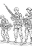 Placeholder: Outline art for coloring page OF ONE BOY PLAYING WITH A 1945 TOY SET OF FOUR SMALL AMERICAN PLASTIC TOY ARMY SOLDIERS, coloring page, white background, Sketch style, only use outline, clean line art, white background, no shadows, no shading, no color, clear