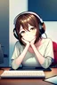 Placeholder: anime girl, dark brown copper hair, short wavy hair, casual clothes, jeans, computer, dark room, headphones, tall, very sleepy, both eyes closed, head resting on hands, sitting in computer chair, hands on desk, looking away, eyes fully closed