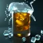 Placeholder: glass of strange liquid with ice cubes, raytraced, volumetric fog, blurred scientist