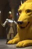 Placeholder: humans obey front of the huge yellow-white big dog, myistic atmhosphare. Realistic, render, 4k