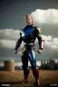 Placeholder: retro portrait image from 1960, sky background, wind, extra long blonde hair, fighting stance, young Chris Hemsworth, clean shave face, black dress, classic long tight lycra black suit, big red cap, silver latex with scales on the arms, gold bracelet and belt, high boots, soft color, highly detailed, unreal engine 5, ray tracing, RTX, lumen lighting, ultra detail, volumetric lighting, 3d, finely drawn, high definition, high resolution.