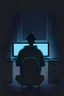 Placeholder: an cartoon style of computer geek sitting in front of a power computer screen in a tidy and modern dark room. don't show face, view from back, high quality, super realistic, man