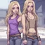 Placeholder: A girl with a purple gold hue around them with small bits of purple gold on their skin. They have long, dirty blonde hair and wear a tank-top with a jacket around their waist and jeans. They wear boots and have violate eyes.