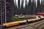 Placeholder: Subject( A centipede bug train robot cyberpunk futurism), Location(A forest with a futuristic train station, Forest, Alberta, night, Feb, 1994), Frame(wide shot of passenger facesinterior train), Cam( Nikon, R3, anirmorphic lens, extreme bokeh blur, analog film grain,fuji film, color fading, film scratches, mold, vinegar syndrome, dirt, dust, emulsion damage, water damage, film tears, Cinemascope mumps, gate hair)