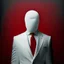 Placeholder: a man wearing a white suit with a red tie who has no face