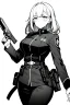 Placeholder: military girl takes out pistol, greyscale