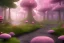 Placeholder: Paysage forêt maison dans les grands arbres avec champignons roses et une rivière bordée de grandes fleurs roses, lumiere volumetrique unity engine