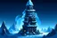 Placeholder: Fantasy Cartoon scholarly magic tower with wooden rafters, blue glowing crystals and dark stone covering it the the winter mountains