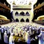 Placeholder: The scene in Mecca: People wearing white Ihram clothes, men without head coverings, women with veils, circumambulating around the Kaaba, and above them are transparent white spirits of children, men, and women with wings revolving around the Kaaba.