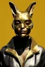 Placeholder: Medium Close Up Portrait, Front image. cyberpunk, rabbit mask, sweet woman, gold hair. Leather, feather suit. Yellow, red, color. Versace style. Color background, photo studio. Avatar image, highly detailed, concept art, smooth, unreal engine 5, ray tracing, RTX, lumen lighting, ultra detail, volumetric lighting, 3d, finely drawn, high definition, high resolution.