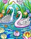 Placeholder: Stylized couple of two swans among lotus flowers (water lilies) and pond plants. Freehand sketch for adult anti stress coloring book cover,, colorful page, cooler background, perfect composition, beautiful detailed intricate insanely detailed octane render trending on artstation, photorealistic, soft natural volumetric cinematic perfect light, chiaroscuro, masterpiece, oil on canvas, raphael, caravaggio, greg rutkowski, beeple, beksinski, giger, black and white still, digital Art, perfect coloer