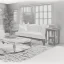 Placeholder: A living room with armchair and fancy stools. pencil sketch