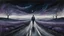 Placeholder: A solitary androgynous figure seen from behind, carrying an oversized heavy backpack, walking alone along a long winding road suspended in a vast dark sky. Surreal abstract dreamscape, the road curving into endless darkness, subtle mist and distant blurred figures moving ahead, atmosphere of change, uncertainty and emotional weight, but not hopeless. Dark blue, charcoal and muted purple tones, poetic digital art, etheral, atmospheric