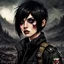 Placeholder: post-apocalyptic female scout, black jacket, black hair, pixie haircut, dark eyeshadow, dark eyeliner, hellscape background
