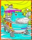 Placeholder: create a 2d colorful outline, "hippo driving tourist car coloring book for kids ", coloring cover, low details design, black contour, coloring cover design,safari background, colorful , card style, coloring cover for kids, colorful background