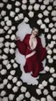 Placeholder: White wings, scissors, red dress in the middle of a field of white roses. Cinematic photo from above