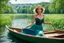 Placeholder: shot from front ,green field and wild flower field ,(A German beauty , with a melon seed face and wearing a blue camisole long skirt. She has a slender figure, beautiful makeup, and elegant temperament sitting in a boat and movin her hands as if she is dancing while sitting in boat in water toward camera in trees next to wavy river with clear water and nice sands in floor.camera capture from her full body front, spring blosom walking to camera ,wild flowers moving in the wind ,blue sky,moving p