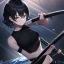 Placeholder: Clear focus,High resolution, black short fluffy hair, long fluffy bangs, and dark blue eyes, Depressed girl, wearing a black short shirt with a black sleeveless crop top, dark aura, controlling water, in a black room, holding a katana