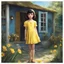 Placeholder: thin 12 year old girl with very short dark hair, blue eyes, wearing a pretty yellow summer dress, outside a small house , photorealistic, dark fantasy