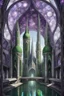 Placeholder: space station, Scifi City, Architecture, elvish, gothic, marble spires, domes metallic, reflections, glinting, hot sun, harsh bright light purple, green, white preraphaelite, romanticism, oil painting, anime, cell shading, dark souls silver details painting, art masterpiece, shadows, expert, insanely detailed, 4k resolution, intricate detalied, high textures, photorealistic