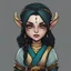 Placeholder: Aamela Rethandus is a Dunmer healer with pale gray skin and red eyes with straight black hair a golden headband and dressed in healer outfit of dull-teal tan and browns, in chibi art style