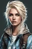 Placeholder: highly detailed portrait of a sewer punk swedish lady, jacket, blonde hair gradient light blue, brown, blonde cream and white color scheme, grunge aesthetic.