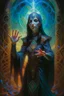 Placeholder: 1970's dark fantasy cover dnd style oil painting of an holographic medieval woman gipsy elf casting a spell with minimalist far perspective in an abstract pattern background.