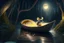 Placeholder: strong mouse in cheese boat, in moonlit forest by stream, book illustration, fine detail, 4k, trending, volumetric light, depth of field