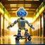 Placeholder: cute happy hairy futuristic hip hop chat robot with skateboard photo shoot in big train hall, 8k, down-light, soft light, depth of field, photo realism, trending on art station, high detail, smoke and fog