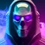 Placeholder: portrait of purple masked villain in galaxy, futuristic, teal and purple smoke, full portrait, hyper realistic, 4k, detailed