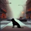 Placeholder: At midnight, a big and brutal dog in the sidewalk is barking at strangers in the street. Some cars are passing on the road.