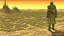 Placeholder: Desert warrior from behind looking at a city on a plateau in the distance, comic style