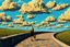 Placeholder: create a surreal mosaic walkway inspired by René Magritte, realistic textures combined with impossible elements, blonde girl walking her dog under a sky of mosaic clouds shaped like people, mysterious and poetic --ar 3:2 --v 7 --style raw