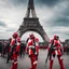 Placeholder: Futuristic soldiers clad in red and white armor stand vigilantly before the iconic Eiffel Tower, a blend of history and fantasy under the Parisian sky. Their masked faces and heavy weaponry create a stark dichotomy with the tranquil backdrop of the city.