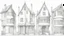 Placeholder: A technical front view pencil drawing of a row of neglected tall, narrow fantasy houses of different heights.