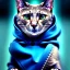 Placeholder: sad cat wearing a blue hoodie, studioportrait, dramatic lighting