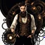 Placeholder: On a black background, in the center, there is a man with a beard wearing Steampunk attire. Behind the person, there is a subtle glow, creating a captivating effect.