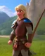 Placeholder: strong medieval warrior with blond short hair, blue eyes and wide warm smile with an axe with green and brown clothes