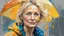 Placeholder: portrait of a Woman 50 years old, blonde, fine drawing, rain, wind, umbrella, Autumn, paint blots, splashes, tears, plants, yellow, blue, green, orange colors, bright