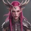 Placeholder: Wood Elf warrior female, long fuchsia colored hair with small braids woven in and delicate curved antlers and pale clear eyes a scar on her face, armor is dark fuchsia and grey powerful and graceful, best quality, masterpiece, in flat desgin art style