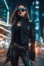 Placeholder: Full body,Half-cyborg beautiful female cyberpunk assassin wearing google sunglasses, black jacket,long hair,walk on night city background