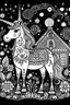 Placeholder: outline art for cute unicorne coloring pages , house, black background, sketch style, full body, only use outline, clean line art